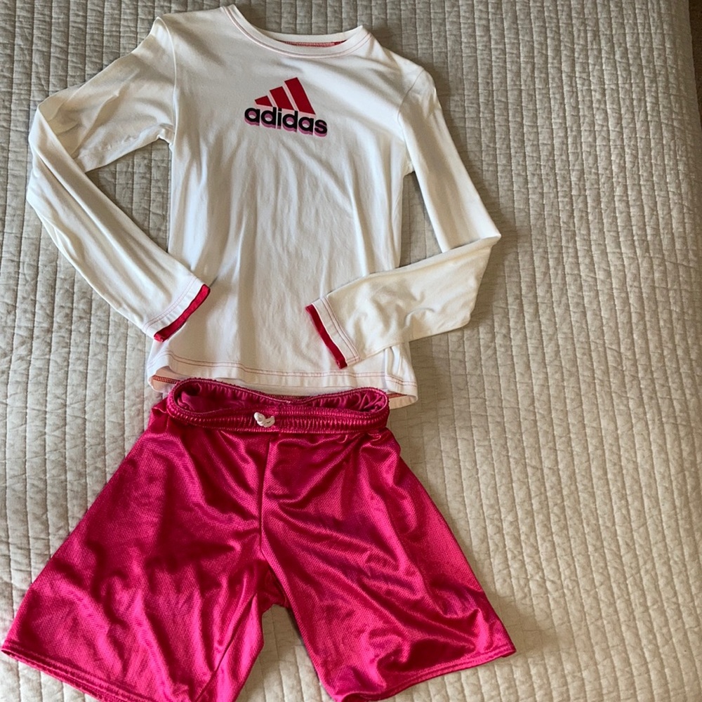 Adidas long sleeve shirt and hibbetts shorts.